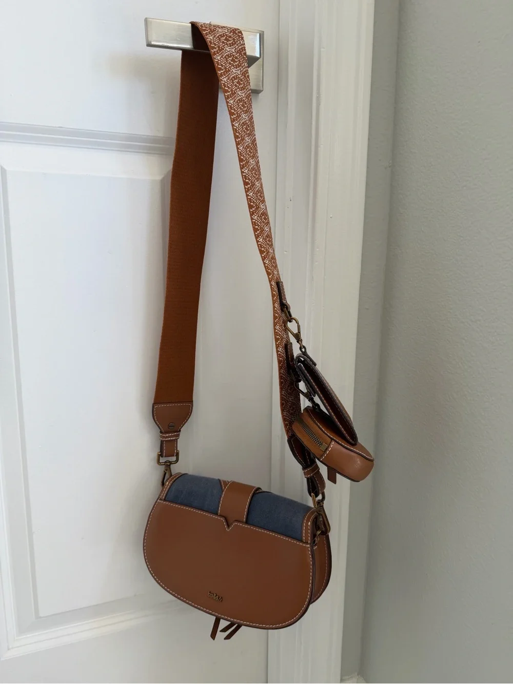 ba&sh Blue Denim and Tan Leather-Trim Crossbody with Detachable Pouches